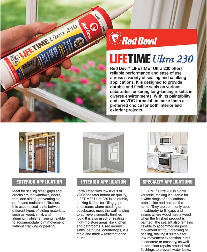 Red Devil 0770 Lifetime Ultra 230 Premium Elastomeric Acrylic Latex Sealant, 10.1 oz, White - Image 3